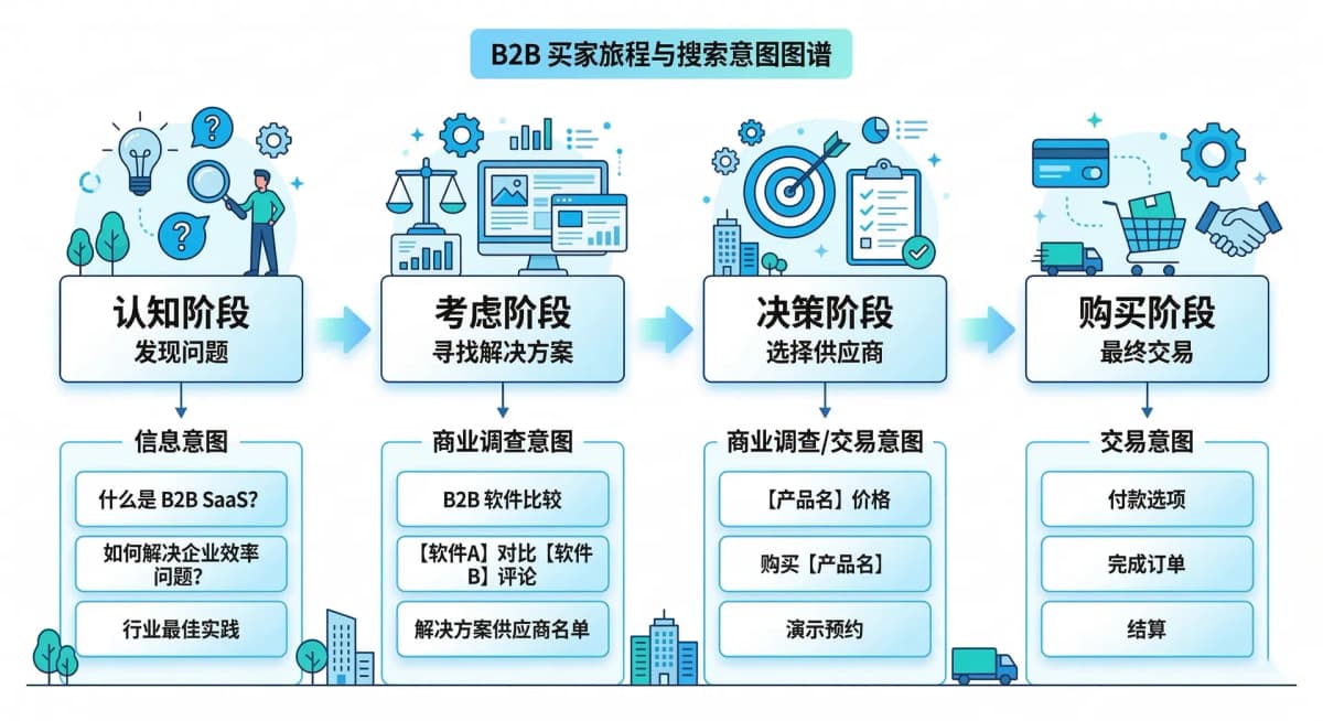 展示 B2B 买家旅程与不同搜索关键词意图的流程图