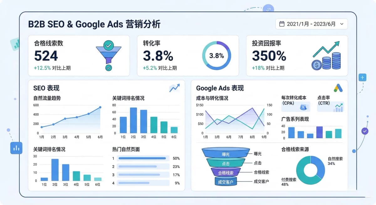 展示线索质量、ROI 等关键指标的可视化数据面板