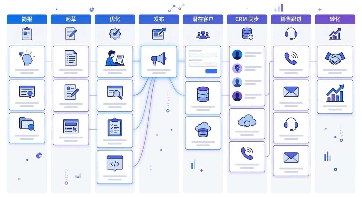 展示 B2B SEO 内容生产与销售跟进打通的看板式工作流程