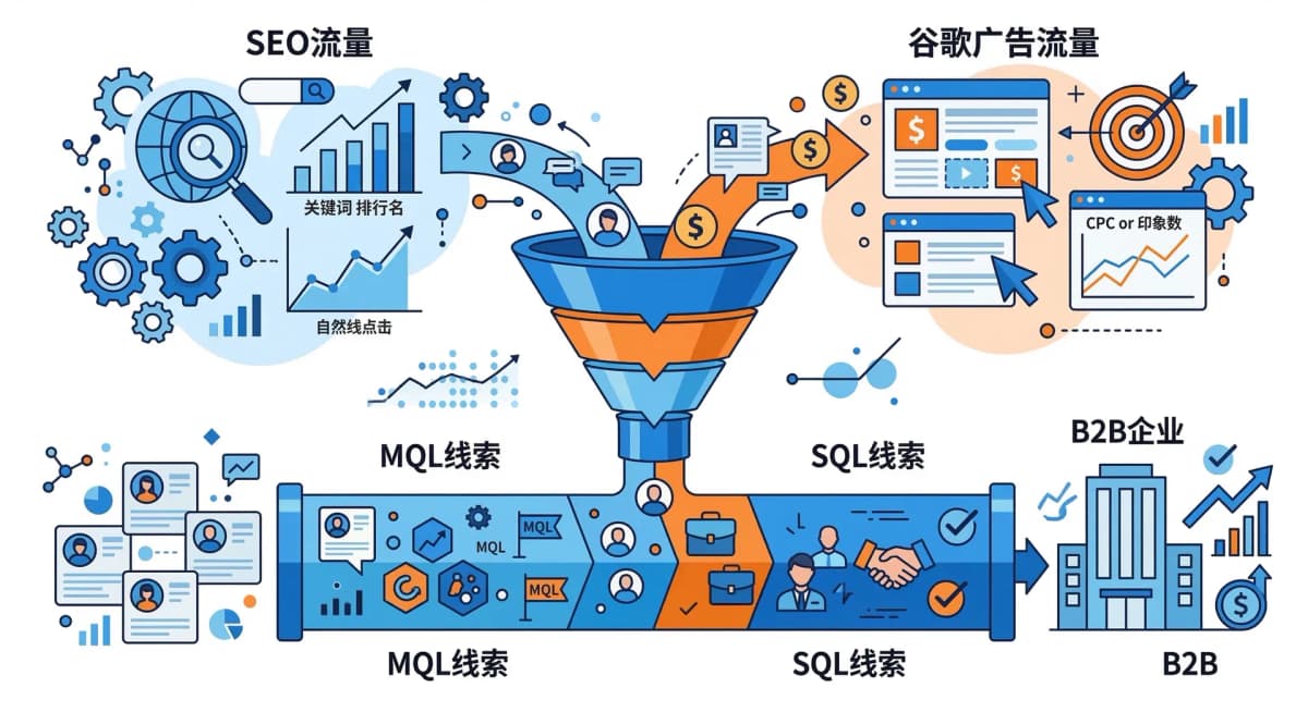 SEO 自然流量与 Google Ads 付费流量共同构成 B2B 冷启动漏斗的可视化图