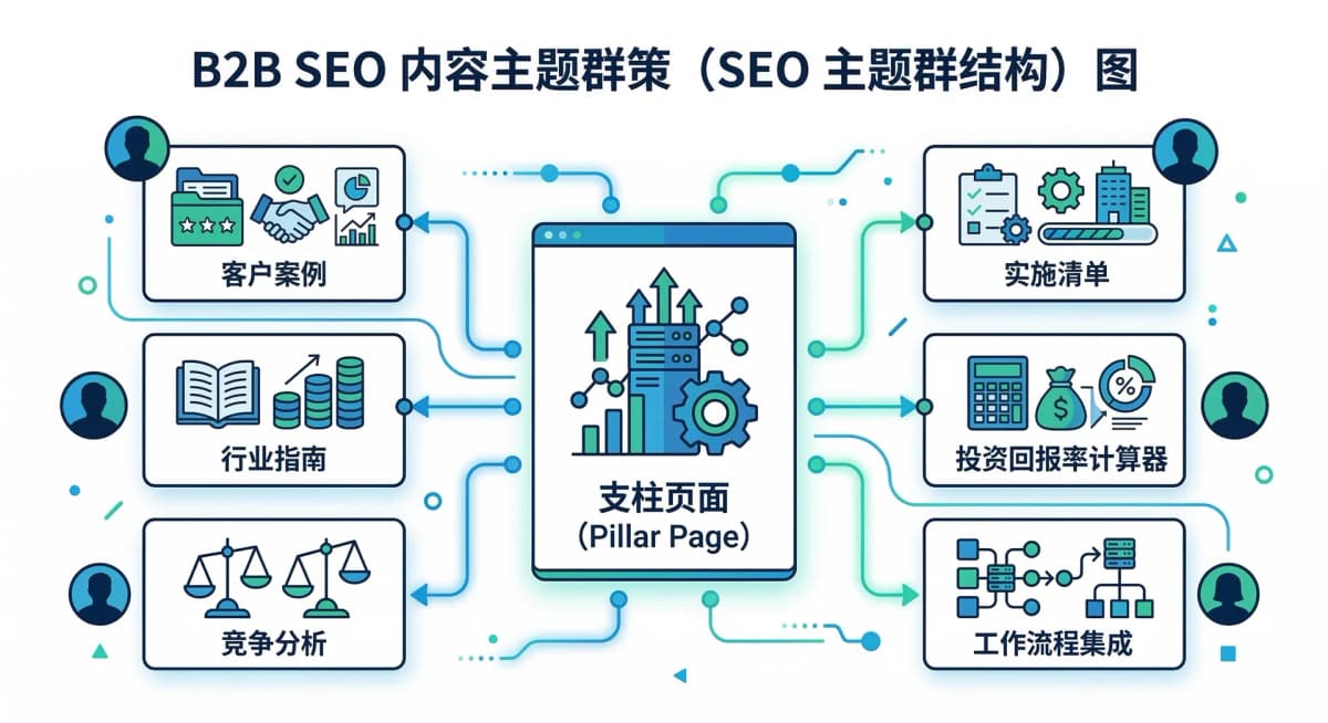 展示 SEO 主题集群与支柱页-集群页结构的示意图